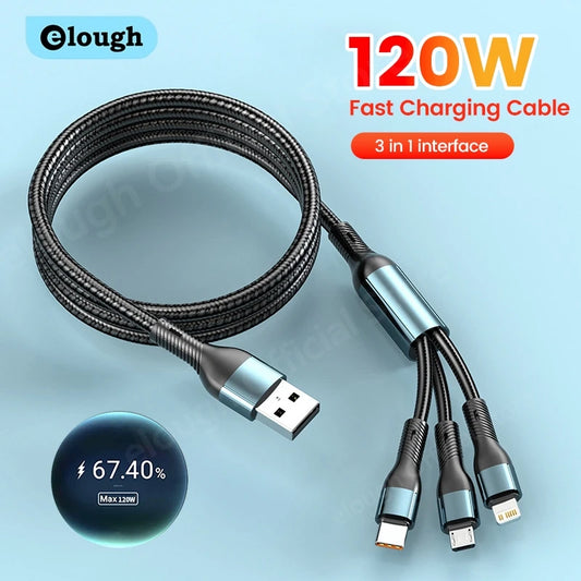 Elough 120W 3 in 1 USB Fast Charging Cable For iPhone Realme Samsung Huawei P50 Phone Micro USB Type C Cable 5A USB C Data Cord